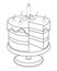 Cake on a cake stand. Cake cut without one piece - linear stock illustration for coloring. Outline. Cake with icing, candle, cherr