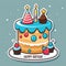 cake with candle, cone and cupcake on top for birthday party, on blue background. Cute illustration.