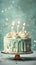 Cake With Candles On A Frosted Mint Background Greeting Card Design. Generative AI