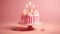 Cake With Candles On A Frosted Pink Background Greeting Card Design. Generative AI