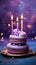 Cake With Candles On A Frosted Violet Background Greeting Card Design. Generative AI