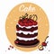 Cake with cherries, chocolate, cream. Hand drawn illustration isolated