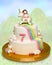 Cake for children on birthday celebration with homemade little princess and unicorn fondant figures
