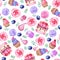 Cake, cupcake, macarons seamless pattern with roses and leaves. Watercolor illustration on white background. Hand drawn