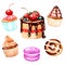 Cake, cupcakes, macaron, donut with chocolate is handmade with watercolors. For prints on clothes, textiles, Wallpaper, for menu d