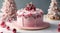 cake decorated with cranberries and Christmas tree branches, Christmas sweets, Christmas decorations, pink shades,