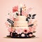 Cake decorated with pink black paper sugar flowers and leaves displayed on a cake stand over a peach pink background. Sweet time.