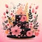 Cake decorated with pink black paper sugar flowers and leaves displayed on a cake stand over a peach pink background. Sweet time.