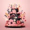 Cake decorated with pink black paper sugar flowers and leaves displayed on a cake stand over a peach pink background. Sweet time.