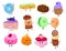 Cake dessert cartoon characters vector illustration. Sweet funny pastry food set.