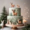 A cake featuring fondant or marzipan cutouts of minimalist forest animals like deer, rabbits, and owls. ai generative