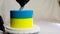 cake in the form of Ukrainian flag spikelets of wheat delicious filling fruit dessert turn cake on plate cut piece