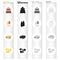 Cake, ketchup and mustard, fast food sandwich, potato chips. Fast food set collection icons in cartoon black monochrome