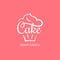 Cake logo of bakery. Cupcake dessert on pink background