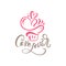 Cake Lover vector calligraphic text with logo. Sweet cupcake with cream and heart, vintage dessert emblem template