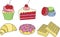 Cake, macaroons, croissant, donuts & waffles. Tasty illustration.
