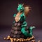 Cake made of mastic in the form of a green dragon. Sweet food decoration for a feast for the holiday