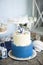 Cake with maritime decor. Blue and white cake.