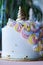 Cake piping and decorating to create amazing colourful blooming floral pastel birthday cake. Side view with white buttercream