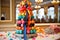 cake pop tower overflowing with colorful cake pops, with cascading ribbon and bow