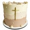 Cake for religious celebrations with a golden cross in front of the cake, on a white plate, isolated on a white background.