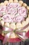 Cake with Savoiardi cookies and marshmallow roses. Tied with ribbon. The ribbon is tied into a bow