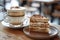 A cake slice and coffee in a plate set for a snack