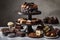 a cake stand with multiple chocolate desserts, including cupcakes, truffles, and brownies