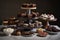 a cake stand with multiple chocolate desserts, including cupcakes, truffles, and brownies