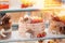 cake with strawberries, yummy assortment baked pastry in bakery. Various Different Types Of Sweet Cakes In Pastry Shop