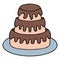 Cake. Three tiered dessert on a platter. Festive biscuit treat covered with flowing chocolate icing