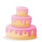 Cake three tiers with creamy pink filling in cartoon style isolated on white background. Vector illustration for holiday design,