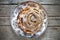 Cake topping with almonds and cream, panettone italian sweet bread