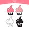 Cake vector set. Four sweets in black, line and colour style.