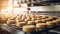 Cakes on automated round conveyor machine in bakery food factory. Generative Ai