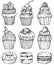Cakes and cupcakes baked chocolate dessert, bakery set, black and white