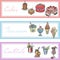 Cakes, drinks, ice-cream set of banners vector illustration. Coctails with fruit and berries in glasses with straw