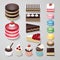 Cakes flat design dessert bakery vector set