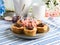 Cakes with frangipane, cherry jam and chocolate