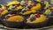 Cakes fruit basket on the window of a pastry shop, close-up. Fruit in jelly in shortcrust pastry