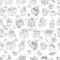 Cakes, fruit and berries. Seamless pattern, vector illustration, black and white sketch