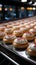 Cakes glide along automated conveyor, a sweet sight in bakery