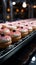 Cakes glide along automated conveyor, a sweet sight in bakery