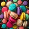 Cakes macaron or macaroon closeup like background, colorful vibrant almond cookies, bright colors
