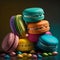 Cakes macaron or macaroon stack on dark background, colorful vibrant almond cookies, bright colors