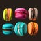 Cakes macaron or macaroon stack on dark background, colorful vibrant almond cookies, bright colors
