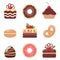 Cakes, set. Cookies and biscuits, donut and macaroon icons. Chocolate and vanilla cookies with creame and berries