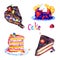 Cakes slices variety collection, chocolate and with berries, hand painted watercolor illustration isolated