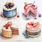 Cakes watercolor collection with pink and yellow color