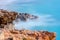 Cala Salada and Saladeta in san Antonio Abad at Balearic Islands Spain. Long exposure, Typical house for fishing boats and rocks.